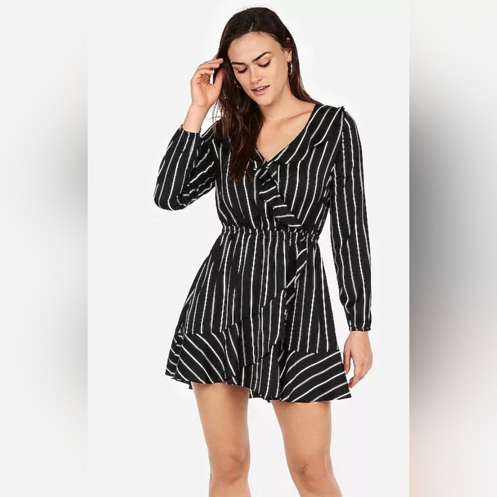 Express Womens Size XS Black Striped Elastic Waist Ruffle Wrap Dress L/Sleeves